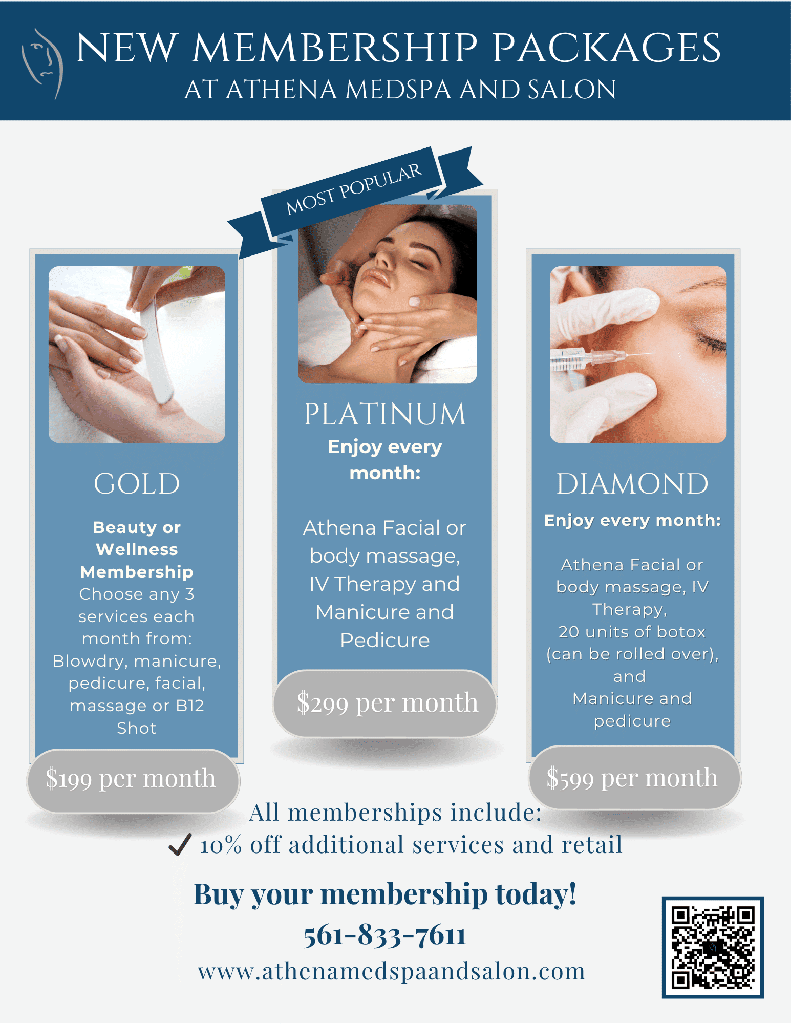 New membership packages at Athena MedSpa with monthly facial, massage, and IV therapy options.