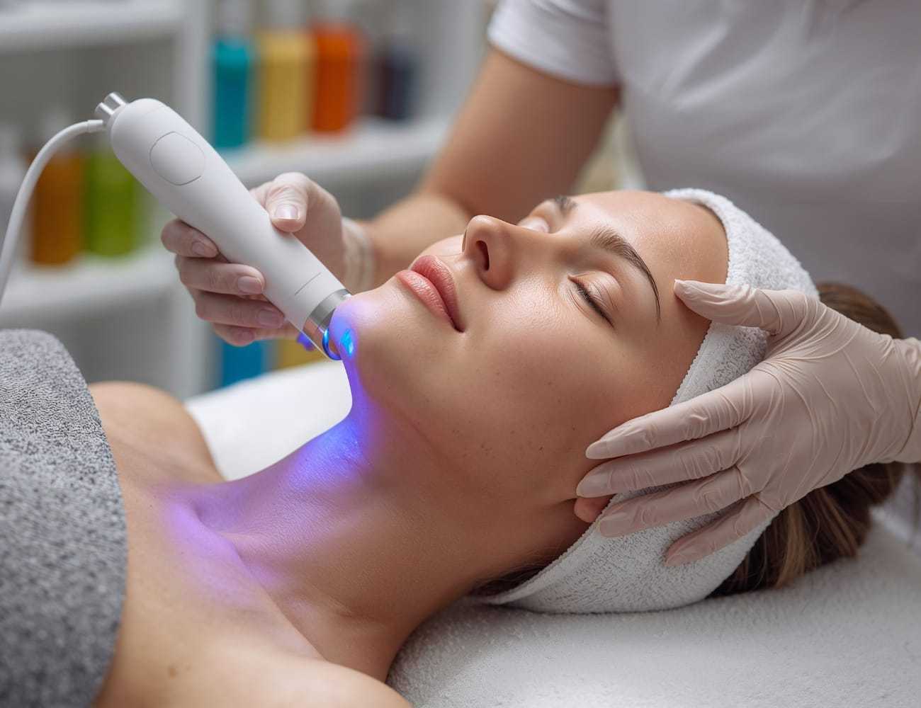 Person receiving a facial treatment with a handheld device emitting blue light.